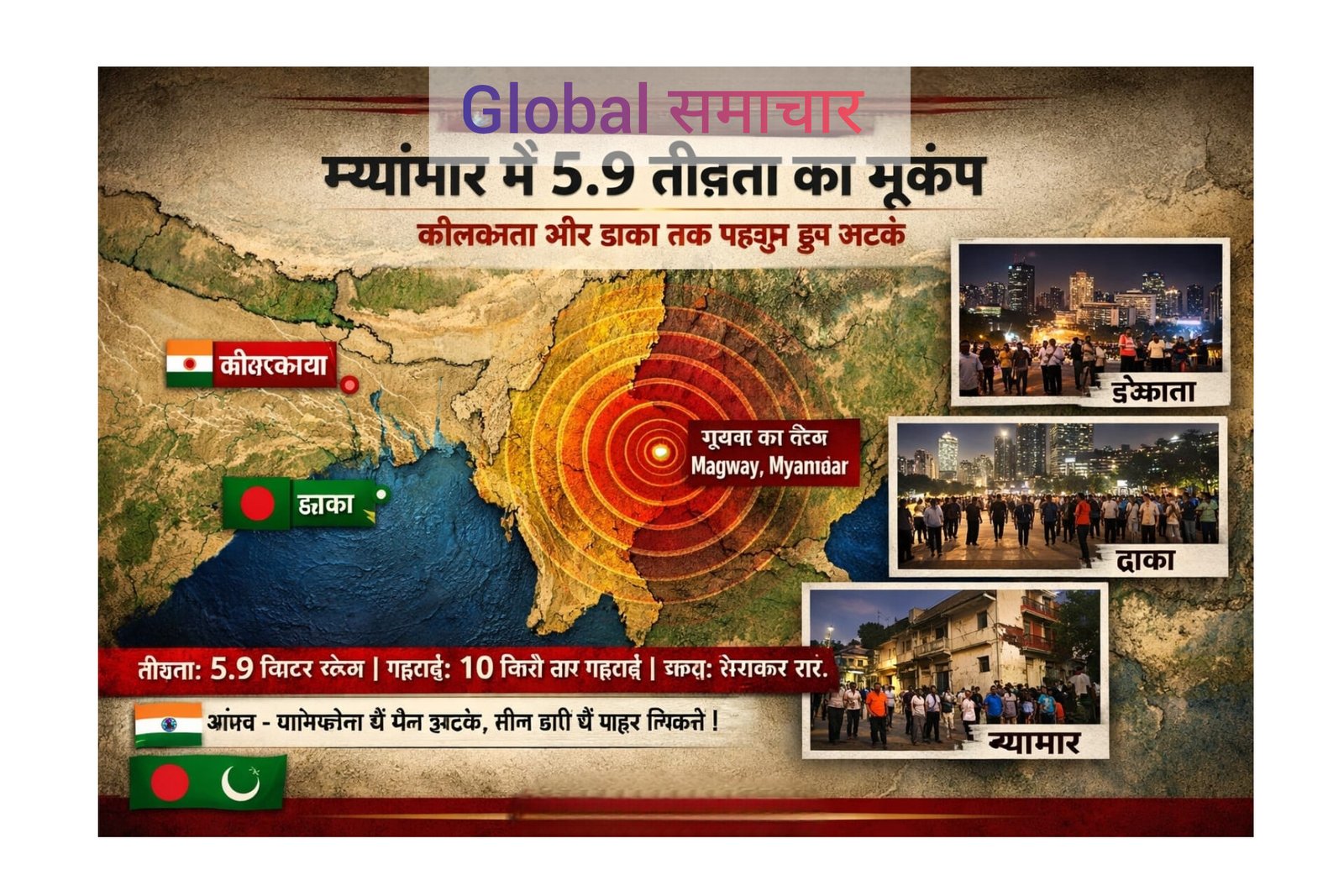 104857 म्यांमार में 5.9 तीव्रता का भूकंप — कोलकाता और ढाका तक महसूस हुए झटके