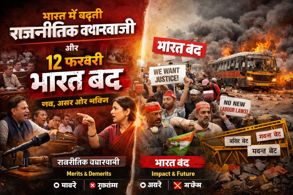 ChatGPT Image Feb 12 2026 07 27 42 AM भारत में तेज़ होती राजनीतिक बयानबाज़ी और 12 फ़रवरी “भारत बंद” — जानिए पूरा सच, असर और भविष्य