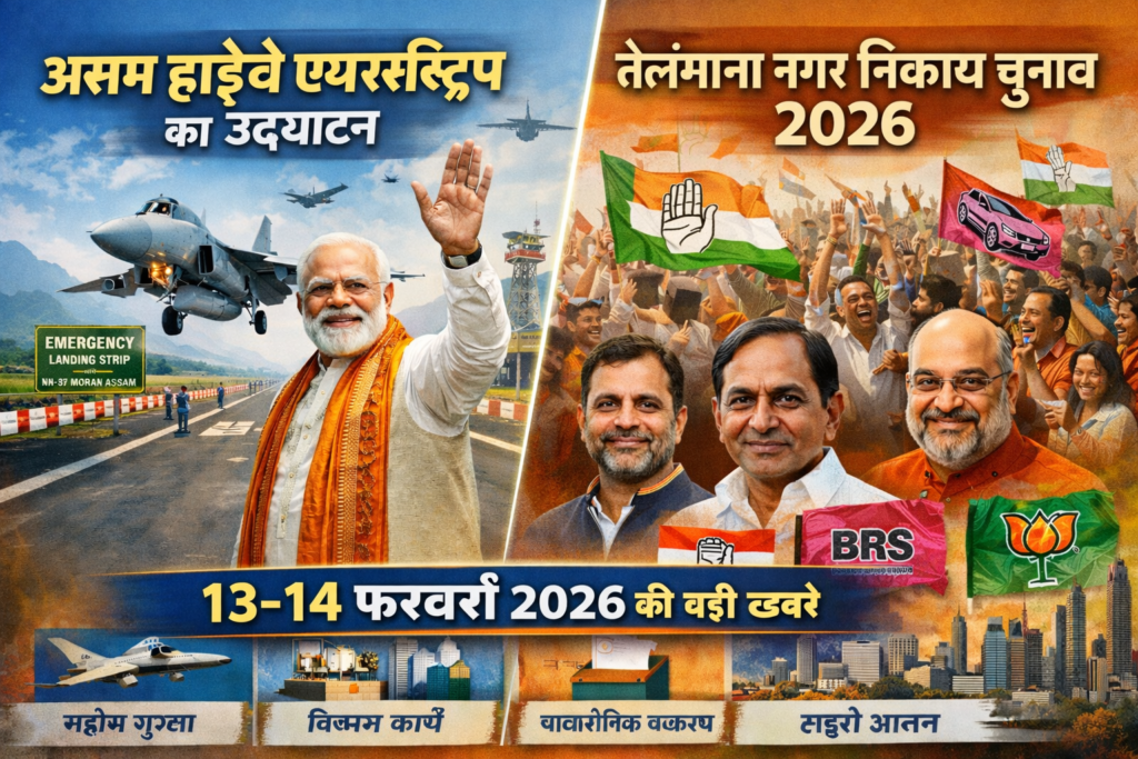 “भारत की बड़ी खबरें 13–14 फ़रवरी 2026: असम हाईवे एयरस्ट्रिप और तेलंगाना नगर निकाय चुनाव का पूरा विश्लेषण” todaynews "भारत की बड़ी खबरें 13–14 फ़रवरी 2026: असम हाईवे एयरस्ट्रिप और तेलंगाना नगर निकाय चुनाव का पूरा विश्लेषण"